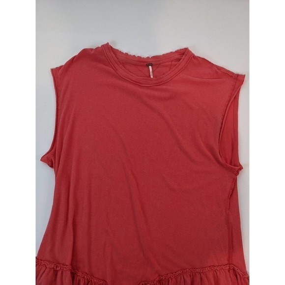 Free People Sleeveless Mini Dress Coral Small Ruffled Distressed Tee Cotton Top - Picture 7 of 7